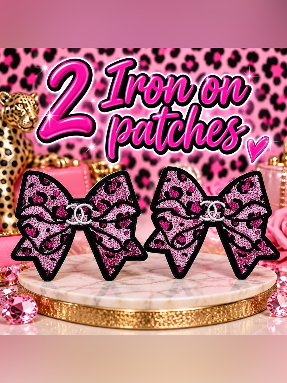 2-Fashion iron on patches- Pink Leopard Print Bow Patch- set of 2